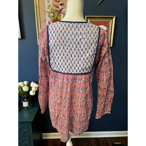 SZ Blockprints Womens Blue Pink Long Sleeves Printed Tassel Tunic Blouse Size S - Picture 6 of 8